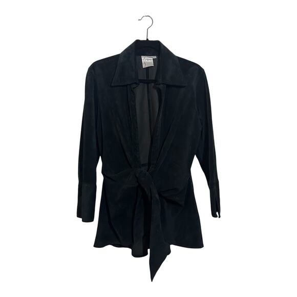 Finley Jackets & Blazers - Vintage Women’s 1970’s Black Leather Tailored Wrap Peplum Panel Collared Blazer
